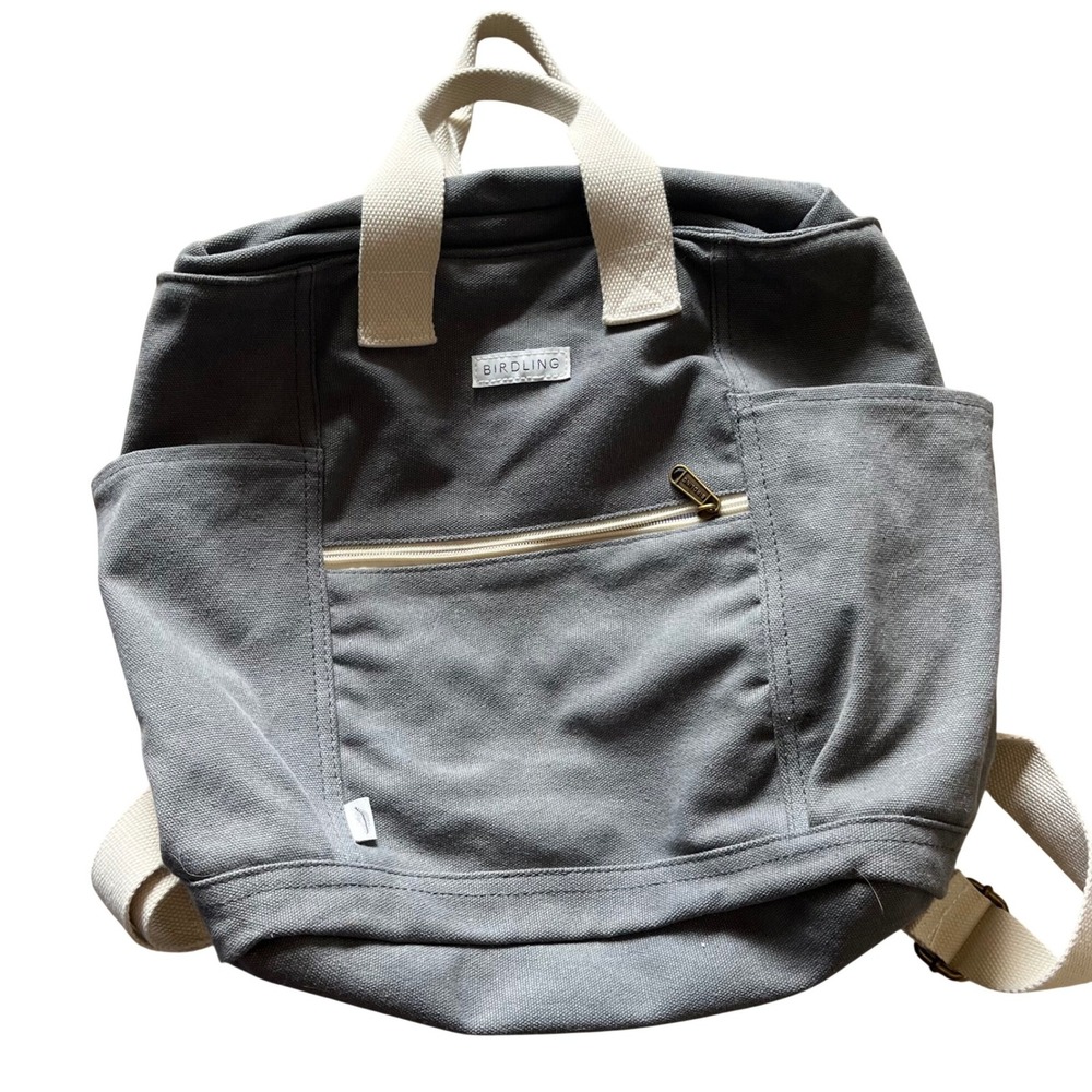 Birdling Canvas Backpack Diaper Bag Grey Cream Webbed Straps Stripe Lining